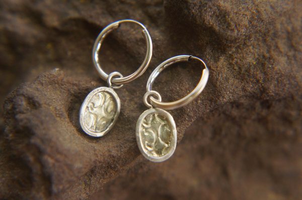 14K White Gold Round Hoop Earrings, Solid 14K Gold Hoops with a unique dangle, textured 14k white gold dangle, handmade 14k white gold hoops