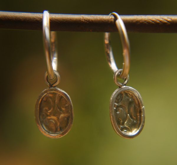 14K White Gold Round Hoop Earrings, Solid 14K Gold Hoops with a unique dangle, textured 14k white gold dangle, handmade 14k white gold hoops