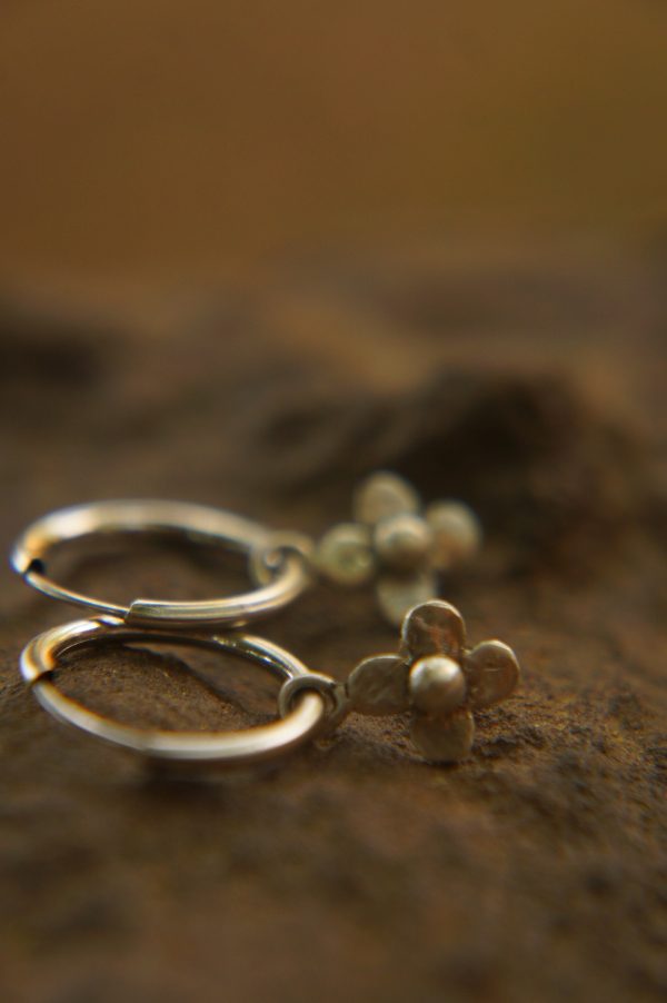14K White Gold Round Hoop Earrings, Solid 14K Gold Hoops with a unique dangle, flower 14k white gold dangle, handmade 14k white gold hoops