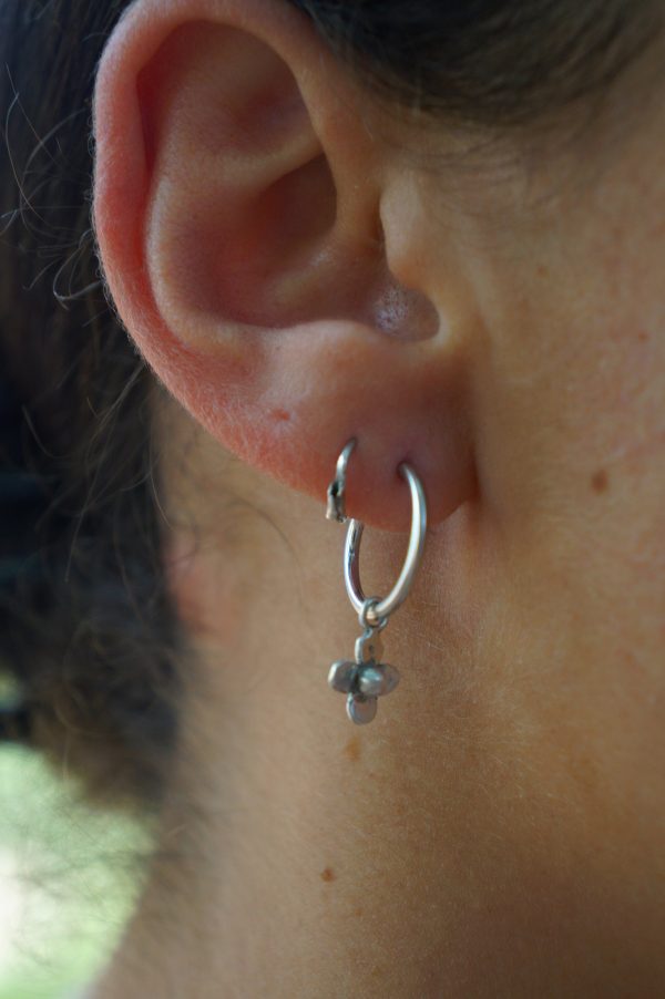 14K White Gold Round Hoop Earrings, Solid 14K Gold Hoops with a unique dangle, flower 14k white gold dangle, handmade 14k white gold hoops