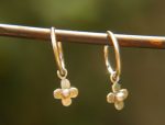 14K White Gold Round Hoop Earrings, Solid 14K Gold Hoops with a unique dangle, flower 14k white gold dangle, handmade 14k white gold hoops