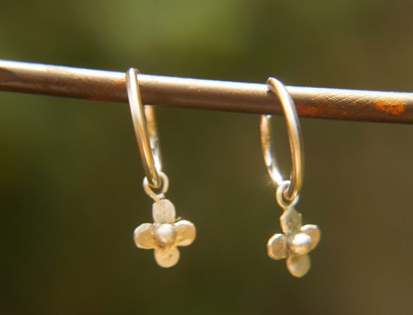 14K White Gold Round Hoop Earrings, Solid 14K Gold Hoops with a unique dangle, flower 14k white gold dangle, handmade 14k white gold hoops