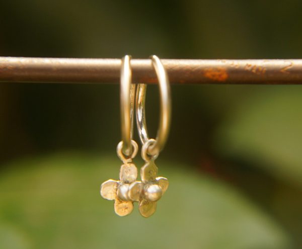 14K White Gold Round Hoop Earrings, Solid 14K Gold Hoops with a unique dangle, flower 14k white gold dangle, handmade 14k white gold hoops