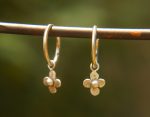 14K White Gold Round Hoop Earrings, Solid 14K Gold Hoops with a unique dangle, flower 14k white gold dangle, handmade 14k white gold hoops