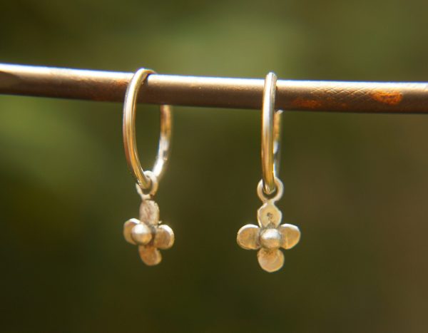 14K White Gold Round Hoop Earrings, Solid 14K Gold Hoops with a unique dangle, flower 14k white gold dangle, handmade 14k white gold hoops