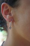 14K White Gold Round Hoop Earrings, Solid 14K Gold Hoops with a unique dangle, flower 14k white gold dangle, handmade 14k white gold hoops