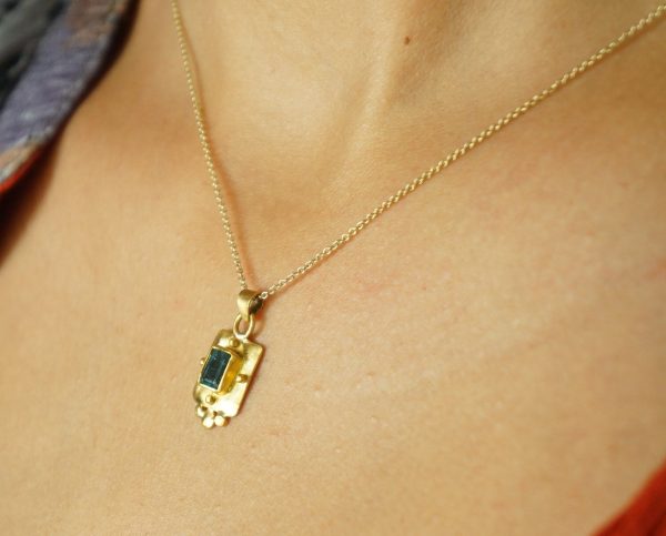 24k gold blue tourmaline pendant//square blue tourmaline pendant//tourmaline gold necklace//artisan 24k gold pendant//handmade one of a king