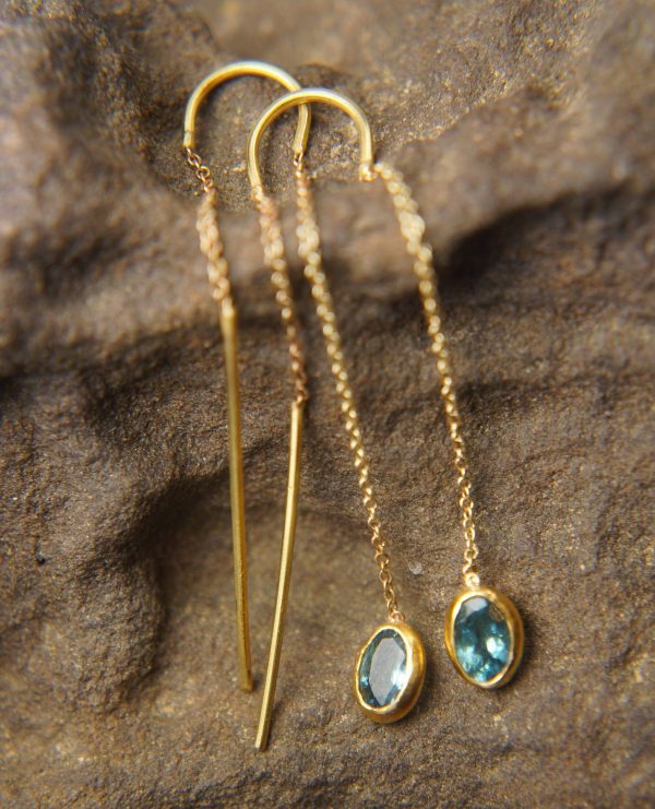 solid 24k gold-blue tourmaline Earrings-Gold Studs//tourmaline threader earrings//24k gold earrings//blue stone earrings//24k threaders