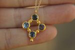 24k gold pendant//blue sapphire rhombus /gold artisan rhombus//blue sapphire gold pendant//multi stone cross//gold cross//artisan gold cross