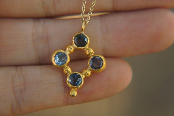 24k gold pendant//blue sapphire rhombus /gold artisan rhombus//blue sapphire gold pendant//multi stone cross//gold cross//artisan gold cross
