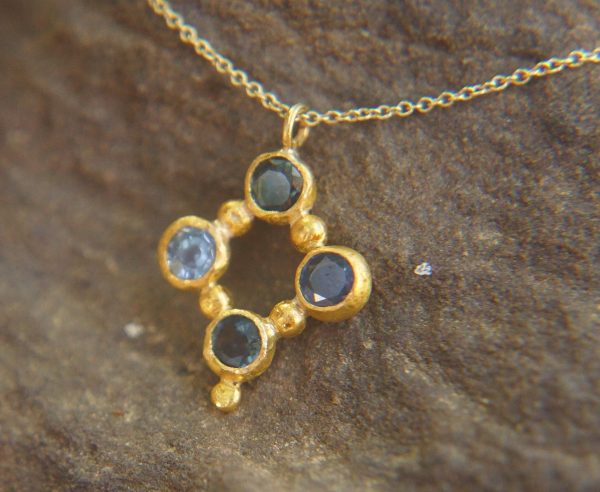 24k gold pendant//blue sapphire rhombus /gold artisan rhombus//blue sapphire gold pendant//multi stone cross//gold cross//artisan gold cross