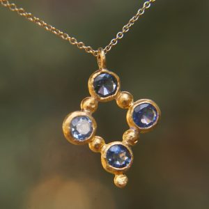 24k gold pendant//blue sapphire rhombus /gold artisan rhombus//blue sapphire gold pendant//multi stone cross//gold cross//artisan gold cross