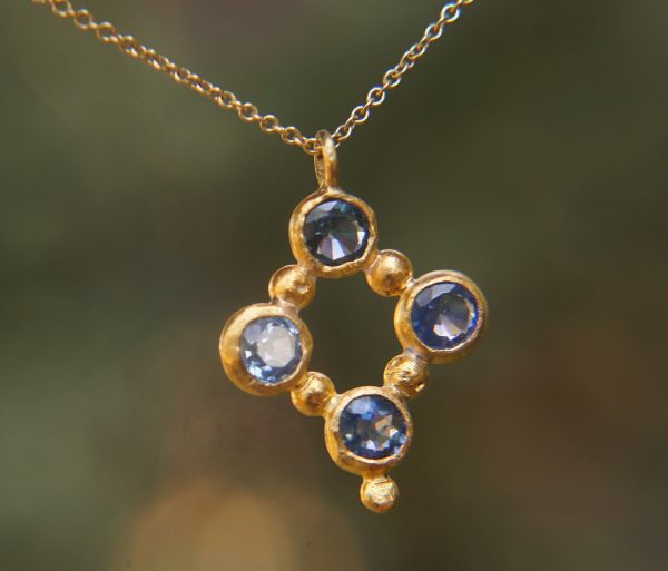 24k gold pendant//blue sapphire rhombus /gold artisan rhombus//blue sapphire gold pendant//multi stone cross//gold cross//artisan gold cross