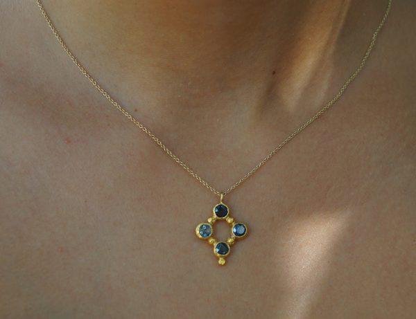24k gold pendant//blue sapphire rhombus /gold artisan rhombus//blue sapphire gold pendant//multi stone cross//gold cross//artisan gold cross