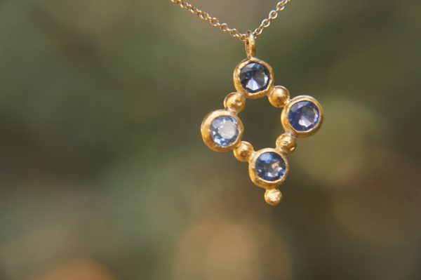 24k gold pendant//blue sapphire rhombus /gold artisan rhombus//blue sapphire gold pendant//multi stone cross//gold cross//artisan gold cross