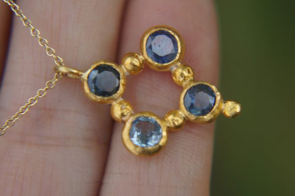 24k gold pendant//blue sapphire rhombus /gold artisan rhombus//blue sapphire gold pendant//multi stone cross//gold cross//artisan gold cross