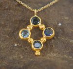 24k gold pendant//blue sapphire rhombus /gold artisan rhombus//blue sapphire gold pendant//multi stone cross//gold cross//artisan gold cross