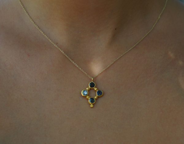 24k gold pendant//blue sapphire rhombus /gold artisan rhombus//blue sapphire gold pendant//multi stone cross//gold cross//artisan gold cross