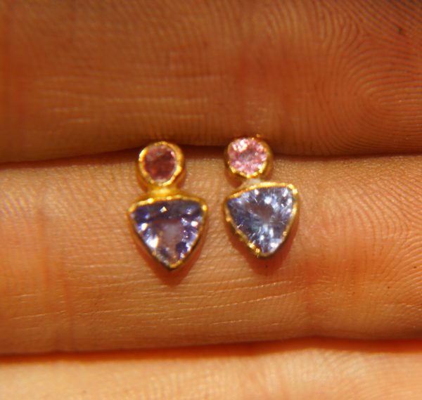 24k gold Paraiba blue tourmaline studs //gold Paraiba tourmaline earrings//unique tourmaline earrings//artisan tourmaline studs