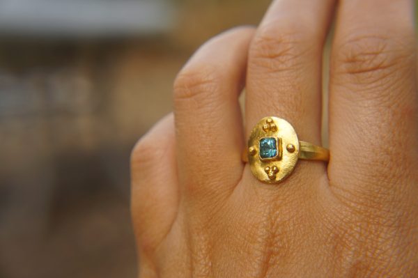 24k gold blue tourmaline ring//gold tourmaline ring//24k tourmaline jewelry//unique tourmaline engagement ring//artisan tourmaline ring