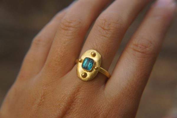 24k gold blue tourmaline ring//gold tourmaline ring//24k tourmaline jewelry//unique tourmaline engagement ring//artisan tourmaline ring