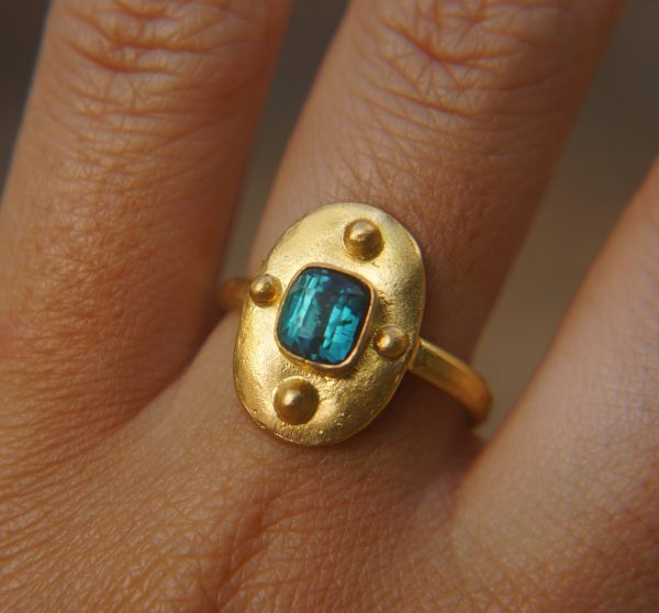 24k gold blue tourmaline ring//gold tourmaline ring//24k tourmaline jewelry//unique tourmaline engagement ring//artisan tourmaline ring