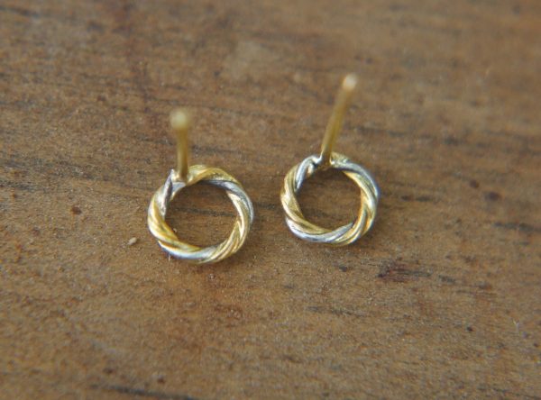 24K Gold and silver studs// circle twisted Studs//round gold Earrings//Handcrafted boho Earrings//Minimalist Jewelry//artisan 24k gold studs