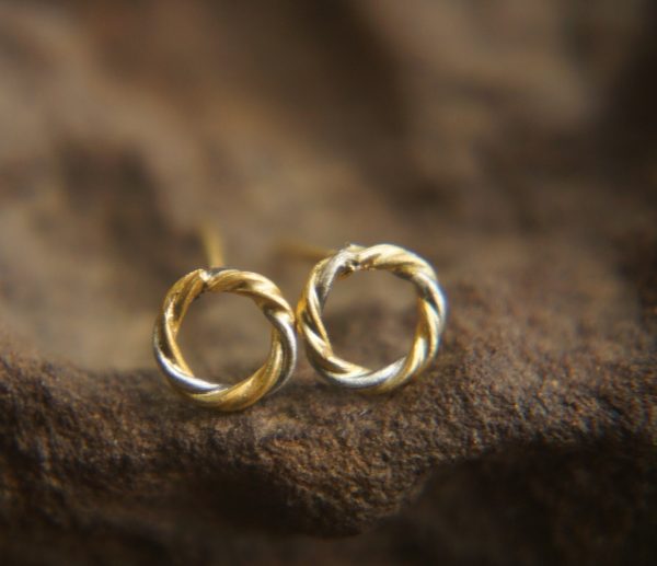 24K Gold and silver studs// circle twisted Studs//round gold Earrings//Handcrafted boho Earrings//Minimalist Jewelry//artisan 24k gold studs