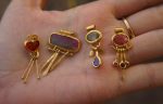 solid 24k gold pendant//gold sapphire and tourmaline charm//gemstone pendant//green tourmaline and blue sapphire pendant//24k gold pendant