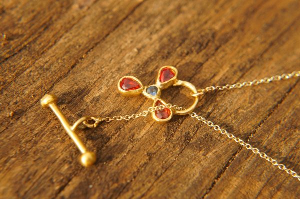 24k gold pendant/red sapphire sapphire//gold artisan pendant//blue sapphire flower pendant//multi stone pendant//artisan gold floral pendant