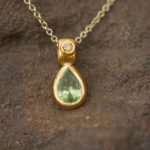 24k gold green tourmaline and diamond pendant//pear green tourmaline pendant//diamond gold necklace//artisan tourmaline pendant