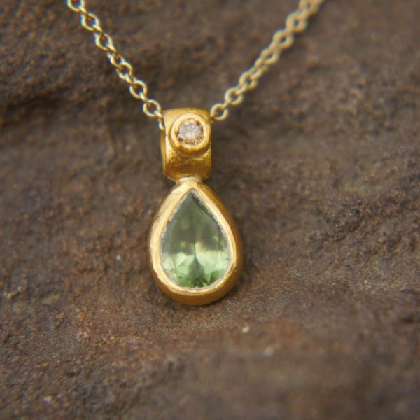 24k gold green tourmaline and diamond pendant//pear green tourmaline pendant//diamond gold necklace//artisan tourmaline pendant
