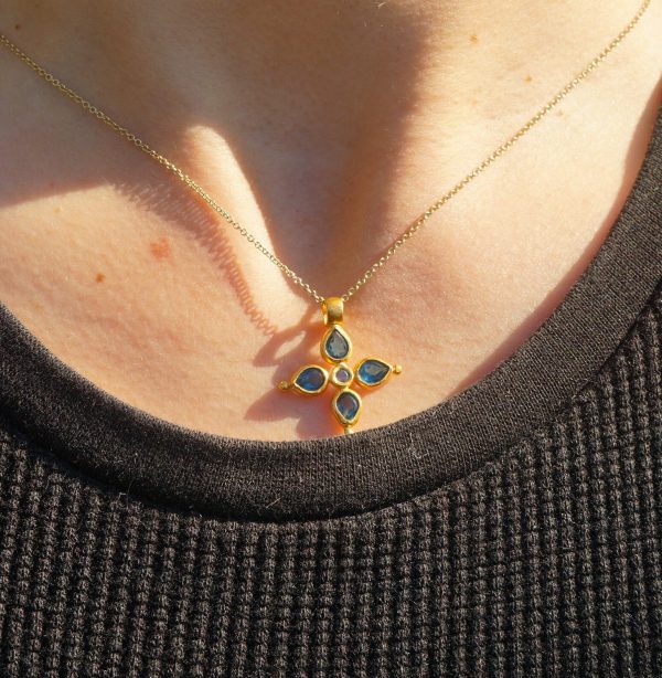 24k gold pendant//blue sapphire cross/gold artisan cross//sapphire gold cross pendant//multi stone cross//gold cross//artisan gold cross