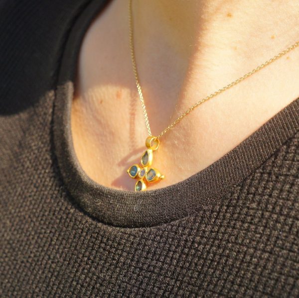 24k gold pendant//blue sapphire cross/gold artisan cross//sapphire gold cross pendant//multi stone cross//gold cross//artisan gold cross