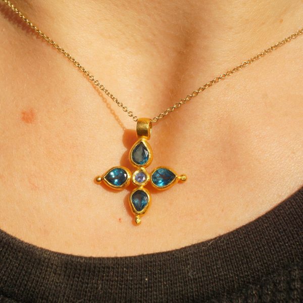 24k gold pendant//blue sapphire cross/gold artisan cross//sapphire gold cross pendant//multi stone cross//gold cross//artisan gold cross