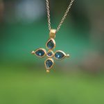 24k gold pendant//blue sapphire cross/gold artisan cross//sapphire gold cross pendant//multi stone cross//gold cross//artisan gold cross