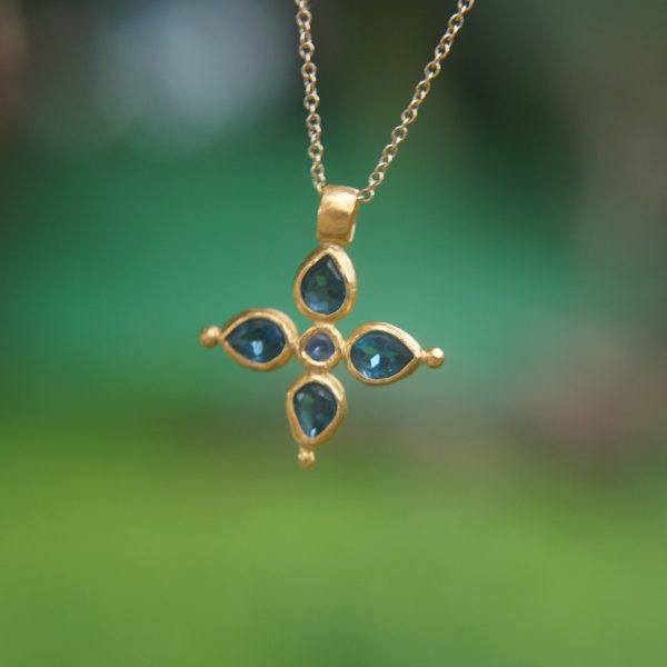 24k gold pendant//blue sapphire cross/gold artisan cross//sapphire gold cross pendant//multi stone cross//gold cross//artisan gold cross