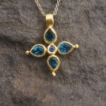 24k gold pendant//blue sapphire cross/gold artisan cross//sapphire gold cross pendant//multi stone cross//gold cross//artisan gold cross
