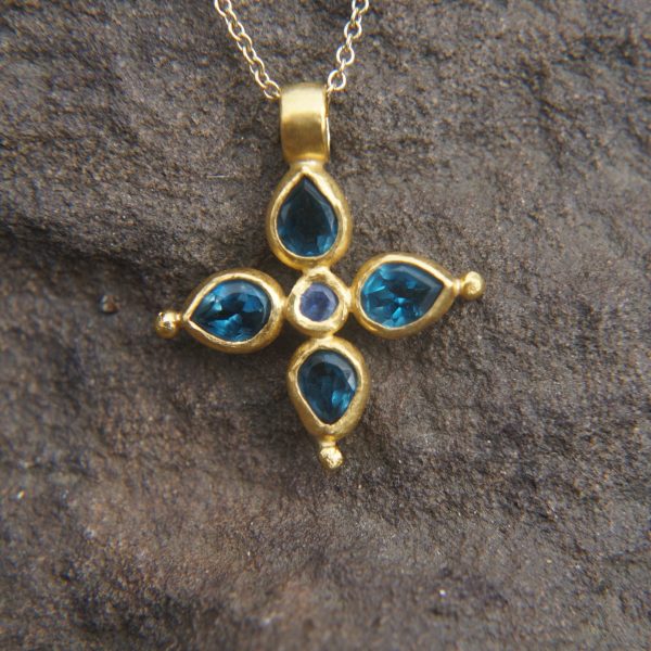 24k gold pendant//blue sapphire cross/gold artisan cross//sapphire gold cross pendant//multi stone cross//gold cross//artisan gold cross