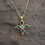 24k gold pendant//blue sapphire cross/gold artisan cross//sapphire gold cross pendant//multi stone cross//gold cross//artisan gold cross