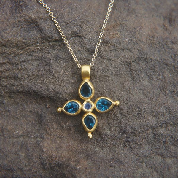 24k gold pendant//blue sapphire cross/gold artisan cross//sapphire gold cross pendant//multi stone cross//gold cross//artisan gold cross