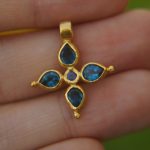 24k gold pendant//blue sapphire cross/gold artisan cross//sapphire gold cross pendant//multi stone cross//gold cross//artisan gold cross