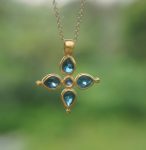 24k gold pendant//blue sapphire cross/gold artisan cross//sapphire gold cross pendant//multi stone cross//gold cross//artisan gold cross