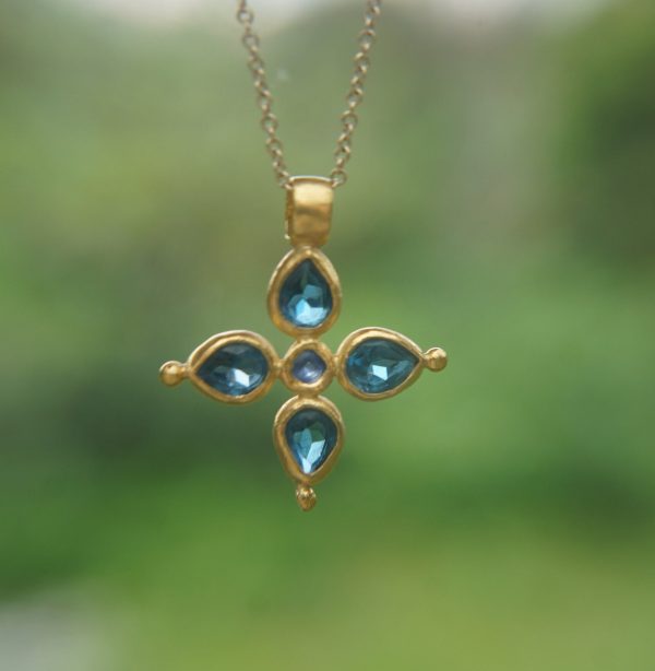 24k gold pendant//blue sapphire cross/gold artisan cross//sapphire gold cross pendant//multi stone cross//gold cross//artisan gold cross