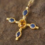 24k gold pendant//blue sapphire cross/gold artisan cross//sapphire gold cross pendant//multi stone cross//gold cross//artisan gold cross