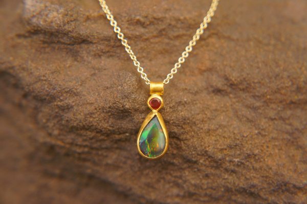24k gold pendant//gold opal and ruby pendant//multi stone pendant//artisan gold pendant//opal 24k gold pendant//opal and ruby pendant
