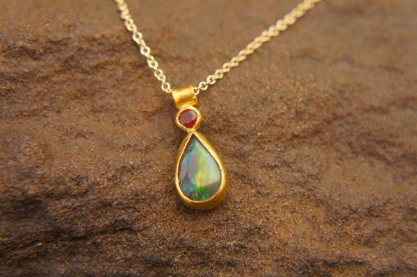 24k gold pendant//gold opal and ruby pendant//multi stone pendant//artisan gold pendant//opal 24k gold pendant//opal and ruby pendant