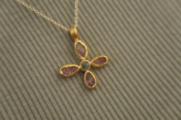 24k gold pendant//flower 24k gold //gold artisan charm//flower gold pendant/artisan gold pendant//tourmaline pendant charm//24k gold pendant