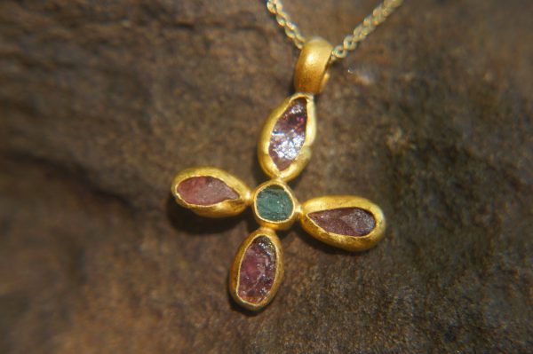 24k gold pendant//flower 24k gold //gold artisan charm//flower gold pendant/artisan gold pendant//tourmaline pendant charm//24k gold pendant