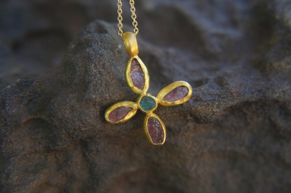 24k gold pendant//flower 24k gold //gold artisan charm//flower gold pendant/artisan gold pendant//tourmaline pendant charm//24k gold pendant